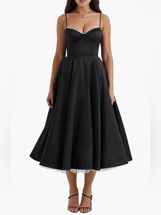 House of CB Dresses & Skirts - House of CB “Mademoiselle” Black Corset Spaghetti Strap A-line Midi Dress